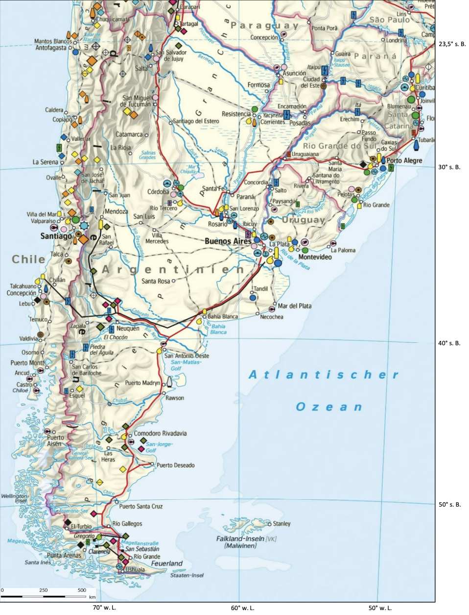 Karte von Argentinien und den angrenzenden Ländern mit Städten, Verkehrswegen und dem Atlantischen Ozean.
